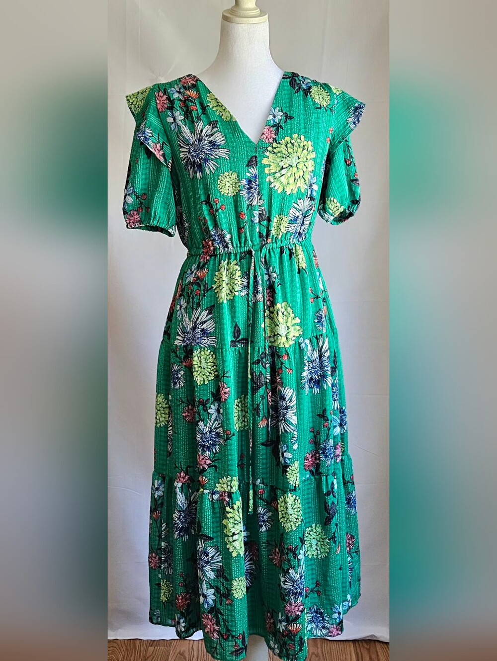 ​LOFT Floral Tiered Midi Dress Green Ruffle Sleeve Size XS - Picture 2 of 16